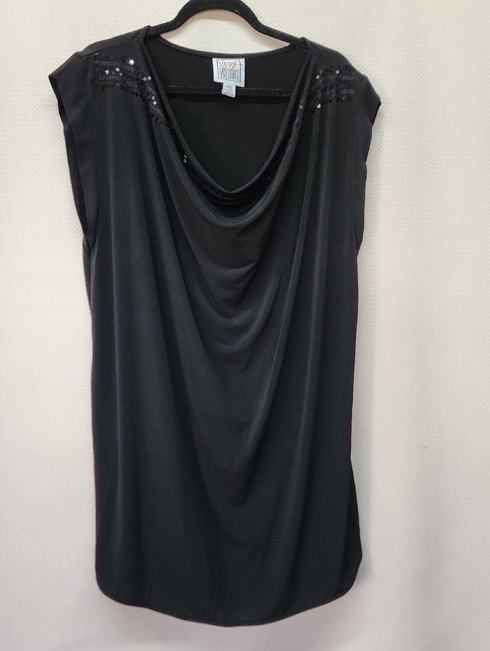 Vince Camuto Black Draped Midi Dress with Sequin Shoulders